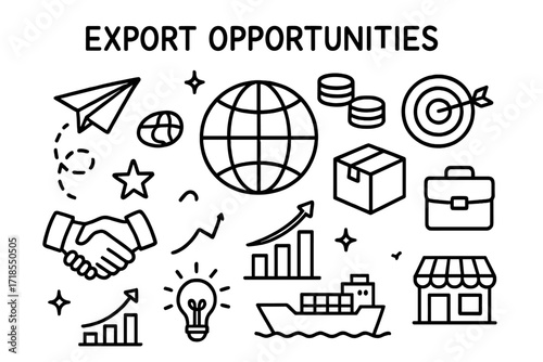 Export Opportunities Doodle. Hand-drawn doodle illustration Export opportunities map, globe, paper plane, coins, target, box, handshake, star, bar chart,