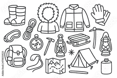 Arctic Survival Gear Doodles. Hand-drawn doodle illustration Arctic survival gear [snow boots, fur hood, jacket, gloves, rope, compass, ice pick, lantern,