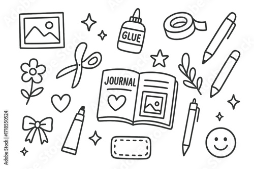 Scrapbooking Essentials Doodle. Hand-drawn doodle illustration Scrapbooking and journaling [journal, scissors, glue, photo frame, tape roll, pen, pencil,