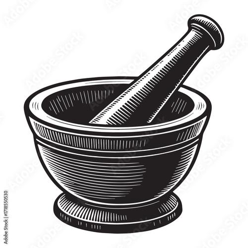 Black mortar and pestle Silhouette Vector, High Quality Illustration on White Background