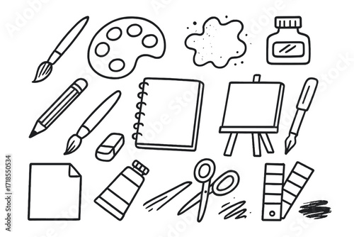 Art Supplies Doodle. Hand-drawn doodle illustration [creative brush marks] [paintbrush, palette, watercolor splash, ink bottle, pencil, pen, eraser,