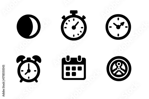Watch Complications Icons. Solid, filled icon set of watch complications: moon phase, chronograph, GMT, power reserve, alarm, calendar, minute repeater,