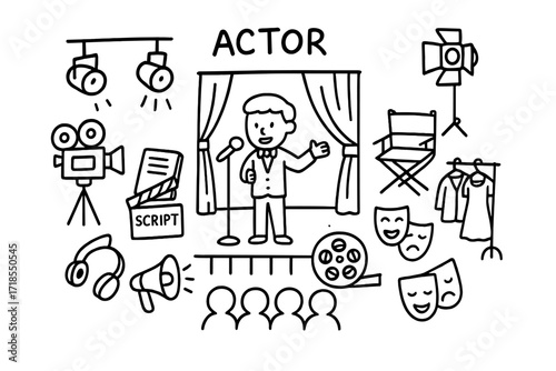 Stage Performance Icons. Hand-drawn doodle illustration Actor under lights Stage, spotlight, microphone, camera, clapperboard, script, director?s chair,