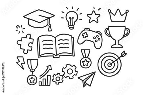Gamified Learning Icons. Hand-drawn doodle illustration Gamified learning open book, graduation cap, joystick, puzzle piece, star, spark, light bulb, crown,