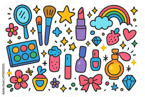 Colorful Makeup Doodles. Colorful Hand-drawn doodle Children illustration Creative Makeup Colors [makeup palette, brushes, glitter, lipstick, nail polish,