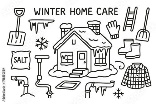 Winter Home Care Doodles. Hand-drawn doodle illustration winter home care snow-covered roof, icicles, snow shovel, ladder, gutter, chimney, snowflake, salt