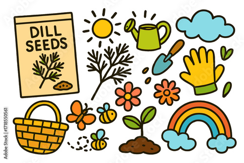 Garden Doodle Delight. Colorful Hand-drawn doodle Children illustration Dill Seeds [seed packet, dill sprig, watering can, shovel, gloves, flower, sun, cloud,