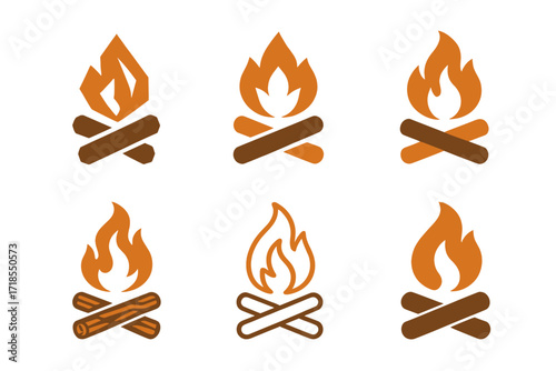 Diverse Campfire Logos. outdoor adventure. Set Logo of outdoor adventure: campfire. harmonious logo variations of the same emblematic concept, each with