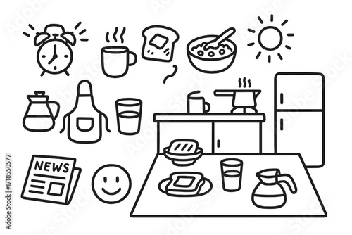 Morning Kitchen Doodles. Hand-drawn doodle illustration morning kitchen routine alarm clock, mug, bread, butter knife, granola bowl, coffee pot, table setup,