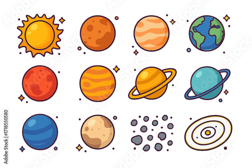 Solar System Icons. Colorful isometric vector icons set of Solar system mapping: Sun, Mercury, Venus, Earth, Mars, Jupiter, Saturn, Uranus, Neptune, Pluto,