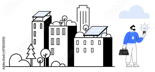 Urban cityscape with eco-friendly solar panel rooftops, trees, modern buildings, and professional holding a lightbulb. Ideal for sustainability, innovation, renewable energy, urban planning