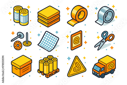 Insulation Accessories Icons. Colorful isometric vector icons set of insulation accessories and packaging: insulation rolls in plastic wrap, insulation board