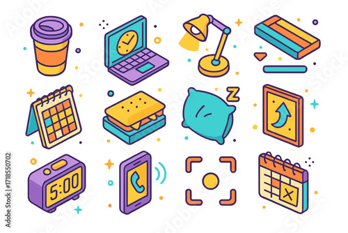 Hustle Culture Icons. Colorful isometric vector icons set of hustle culture symbols: coffee cup, laptop clock, working late lamp, progress bar, all-day