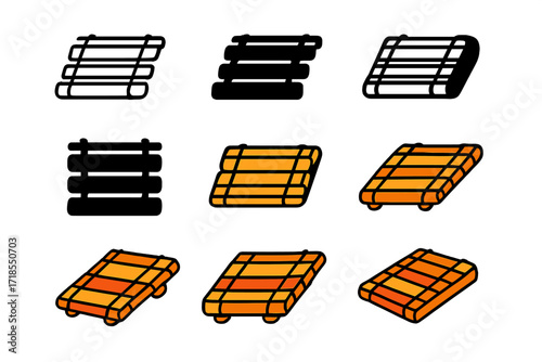 Sushi Logo Grid. Set Logo of Sushi Presentation: Bamboo sushi mat. Logo set in vector style, emblematic variations. line, bold thick line, solid black filled,