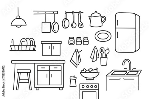 Kitchen Doodle Icons. Hand-drawn doodle illustration [kitchen interior elements] [kitchen island, stool, cabinet, dish rack, teapot, plate, spice jars, hanging