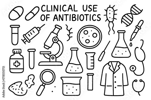 Antibiotic Science Doodles. Hand-drawn doodle illustration Clinical use of antibiotics Pill, capsule, syringe, bacteria, DNA strand, microscope, test tube,