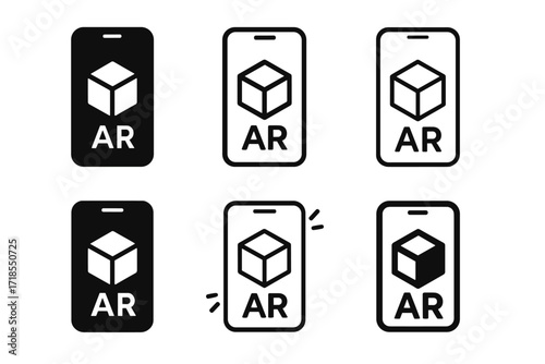 Augmented Reality Logos. Augmented Reality. Set Logo of Augmented Reality: Smartphone AR view. harmonious logo variations of the same emblematic concept, each