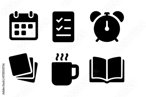 Study Habits Icons. Solid, filled icon set of study habits: calendar, checklist, alarm clock, sticky notes, coffee mug, open book, timer, focus icon. Solid,