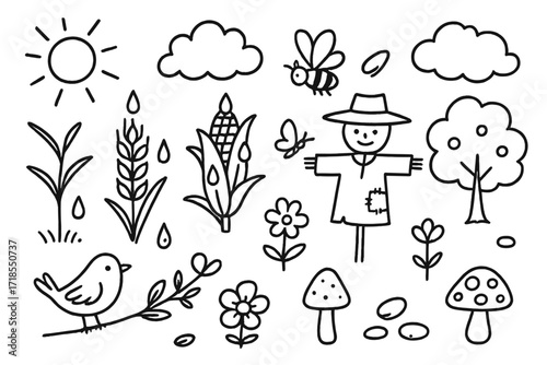 Dewy Field Doodles. Hand-drawn doodle illustration Dew on crops in the field [wheat, corn stalk, dew drops, sun, cloud, scarecrow, butterfly, bee, tree, bird,