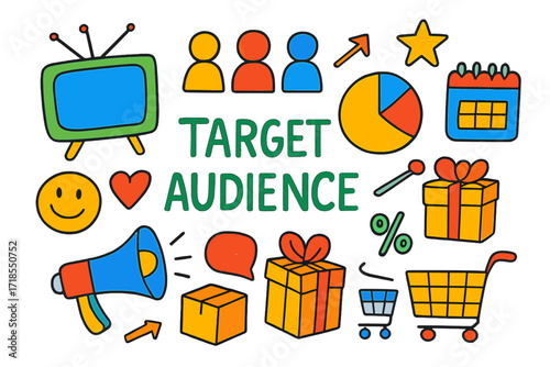 Fun Doodle Icons. Target Audience. Colorful Hand-drawn doodle Children illustration TV screen, people icons, chart, pie graph, smiley face, heart, calendar,