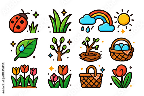 Springtime Icon Set. ladybug, fresh grass, rainbow, raincloud, dewdrop leaf, budding tree, nest with eggs, sunshine, tulip garden, picnic basket. Colorful