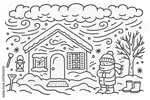 Winter Storm Doodle. Hand-drawn doodle illustration [home during blizzard] [house outline, heavy snow clouds, snow swirl, closed shutters, wind gusts, bundled