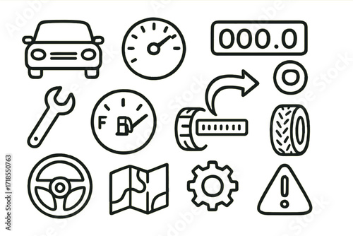 Dashboard Reset Icons. Hand-drawn doodle illustration [Trip meter reset icon] [car, dashboard, speedometer, odometer, button, arrow, wrench, fuel gauge, tire,