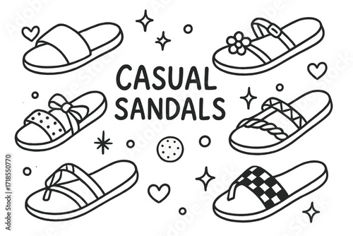 Doodle Sandal Showcase. Hand-drawn doodle illustration Casual Sandals [slide sandal, flat sandal, strappy sandal, buckle strap, sole outline, braided sandal,