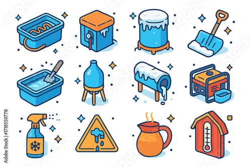 Winter Farm Icon Set. Colorful isometric vector icons set of Winter farm watering systems: trough with heating coil, insulated valve box, frost-covered tank,
