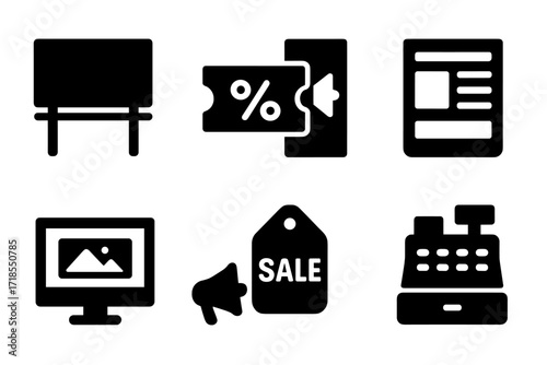 Black Advertisement Icons. Solid, filled icon set of newspaper advertisement: billboard, coupon, flyer, newspaper ad, online banner, megaphone, sale tag, cash