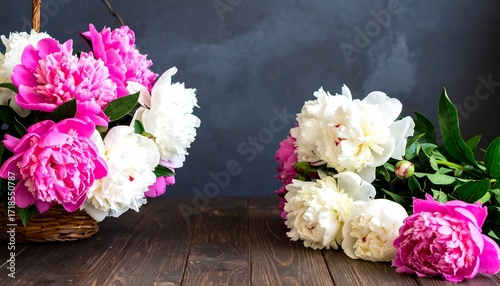 Fototapeta Naklejka Na Ścianę i Meble -  Pink and white peonies in basket on wooden table