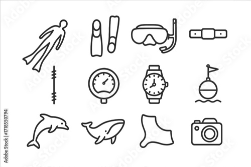 Freediving Icon Set. Freediving. Line icon set of freediving: diver silhouette, fins, snorkel mask, weight belt, rope line, depth gauge, underwater watch,