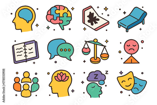 Psychology Icon Set. Psychology. Colorful isometric vector icons set of psychology: human head profile, puzzle brain, inkblot test, therapy couch, psychologist
