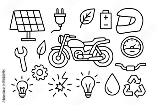 Eco Motorcycle Doodle Icons. Hand-drawn doodle illustration Solar-powered motorcycle accessories [solar panel, plug, battery, motorcycle, eco leaf, helmet,