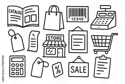 Retail Elements Doodle. Retail. Hand-drawn doodle illustration catalog, shopping bag, barcode, cash register, price tag, receipt, store building, cart,