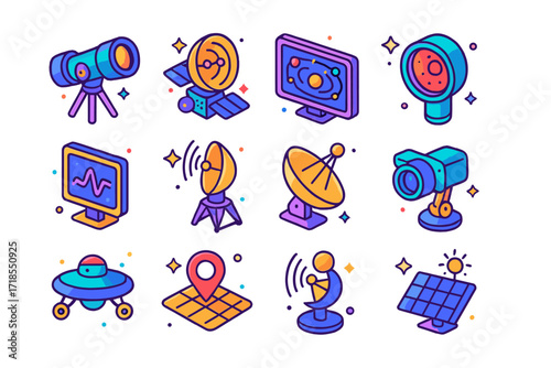 Space Observatory Icons. Colorful isometric vector icons set of Space observatories and tools: space telescope, orbital radar, solar system map, planetary