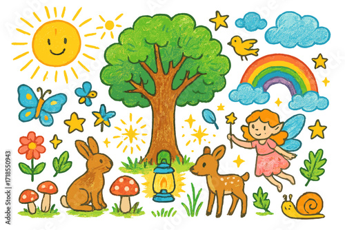 Magical Woodland Doodles. Colorful Hand-drawn doodle Children illustration Magical woodland glow [sparkling sun, tall oak tree, fairy, glowing lantern, rabbit,