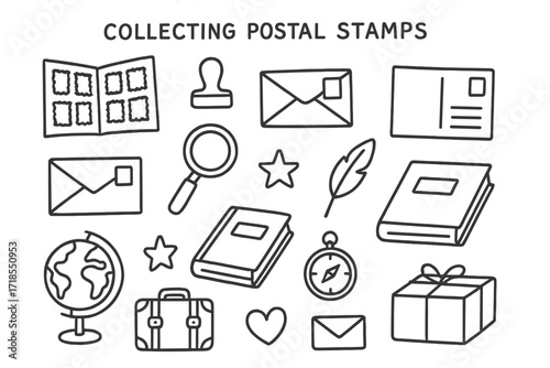 Stamp Collecting Doodles. Hand-drawn doodle illustration Collecting postal stamps [stamp album, ink stamp, envelope, postcard, magnifying glass, star, heart,