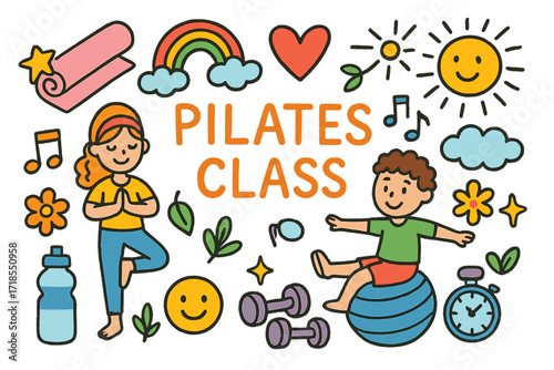 Colorful Children's Pilates Icons. Colorful Hand-drawn doodle Children illustration Pilates Class [yoga mat, ball, dumbbell, water bottle, star, rainbow,