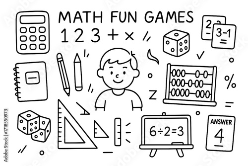 Math Doodle Fun. Hand-drawn doodle illustration Math fun games [calculator, numbers, math symbols, flashcards, dice, notebook, pencil, triangle, ruler,