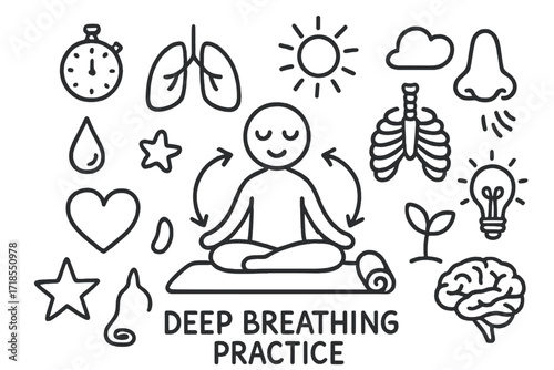Meditation Doodle Elements. Hand-drawn doodle illustration Deep breathing practice meditation figure, yoga mat, lungs, stopwatch, arrows, droplet, star, heart,