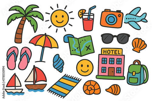 Colorful Leisure Adventure. Colorful Hand-drawn doodle Children illustration Leisure Travel palm tree, sun, flip flops, drink, camera, map, beach umbrella,
