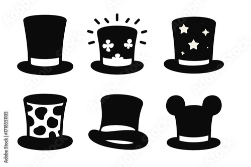Novelty Top Hat Icons. Solid, filled icon set of novelty top hats: oversized top hat, glowing top hat, patterned top hat, glitter top hat, animal print hat,