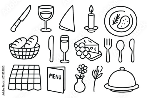 Elegant Dining Essentials. Hand-drawn doodle illustration fine dining steak knife, wine glass, folded napkin, candle, plate with garnish, bread basket, butter