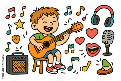 Musical Kids' Doodle. Colorful Hand-drawn doodle Children illustration Playing Guitar guitar, music notes, pick, strings, amplifier, stool, star, heart,