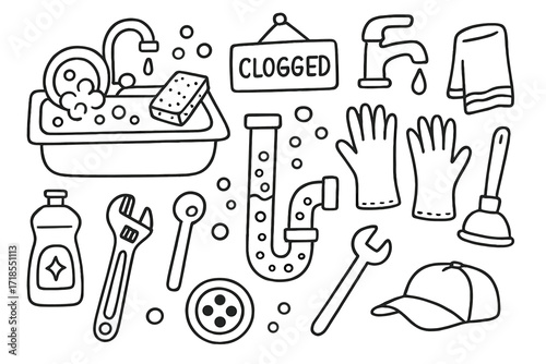 Kitchen Sink Doodle. Hand-drawn doodle illustration kitchen sink trap kitchen sink, dish, sponge, bubbles, faucet, drain, P-trap pipe, wrench, detergent