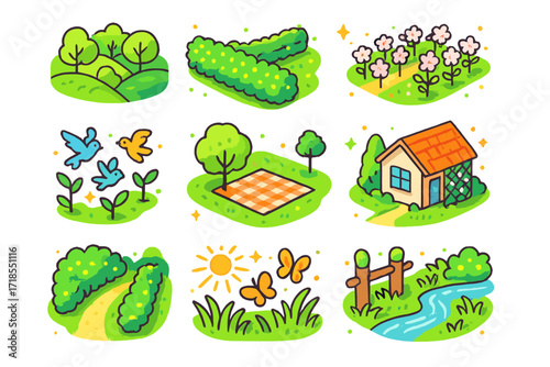 Blooming Countryside Icons. Colorful isometric vector icons set of Blooming countryside landscape: rolling hills with budding trees, green hedgerow, blossoming