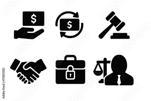 Corruption Icon Set. Solid, filled icon set of corruption symbols: bribery hand, money exchange, sealed envelope, gavel, handshake, locked briefcase, scales