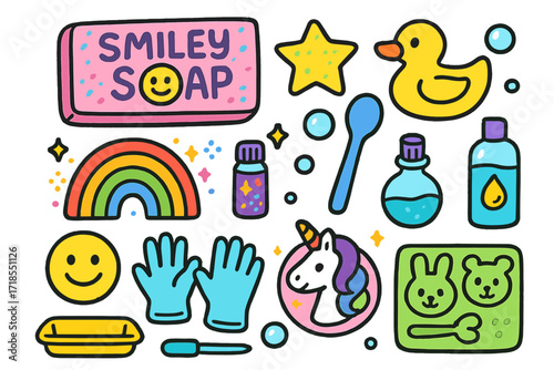 Colorful Children Soap Craft. Colorful Hand-drawn doodle Children illustration Kids Soap Craft smiley soap, star mold, rubber duck, rainbow colors, glitter,