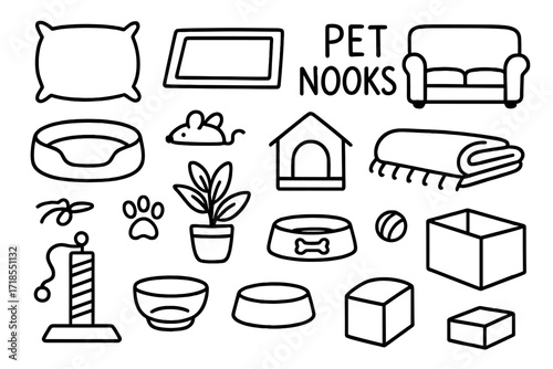 Pet Nook Essentials. Pet Nooks. Hand-drawn doodle illustration pet nooks cushion, rug, sofa, dog bed, cat perch, toy mouse, scratching post, food bowl, water
